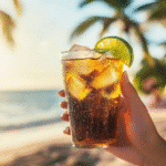 Sonic-style diet drink with lime and ice held at the beach