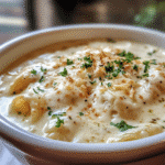 Chicken Alfredo Lasagna Soup Recipe in white bowl