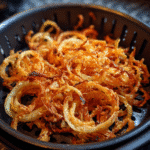 Air fryer crispy onions in basket golden and crunchy