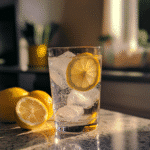 Ice water hack glass with lemon on kitchen counter