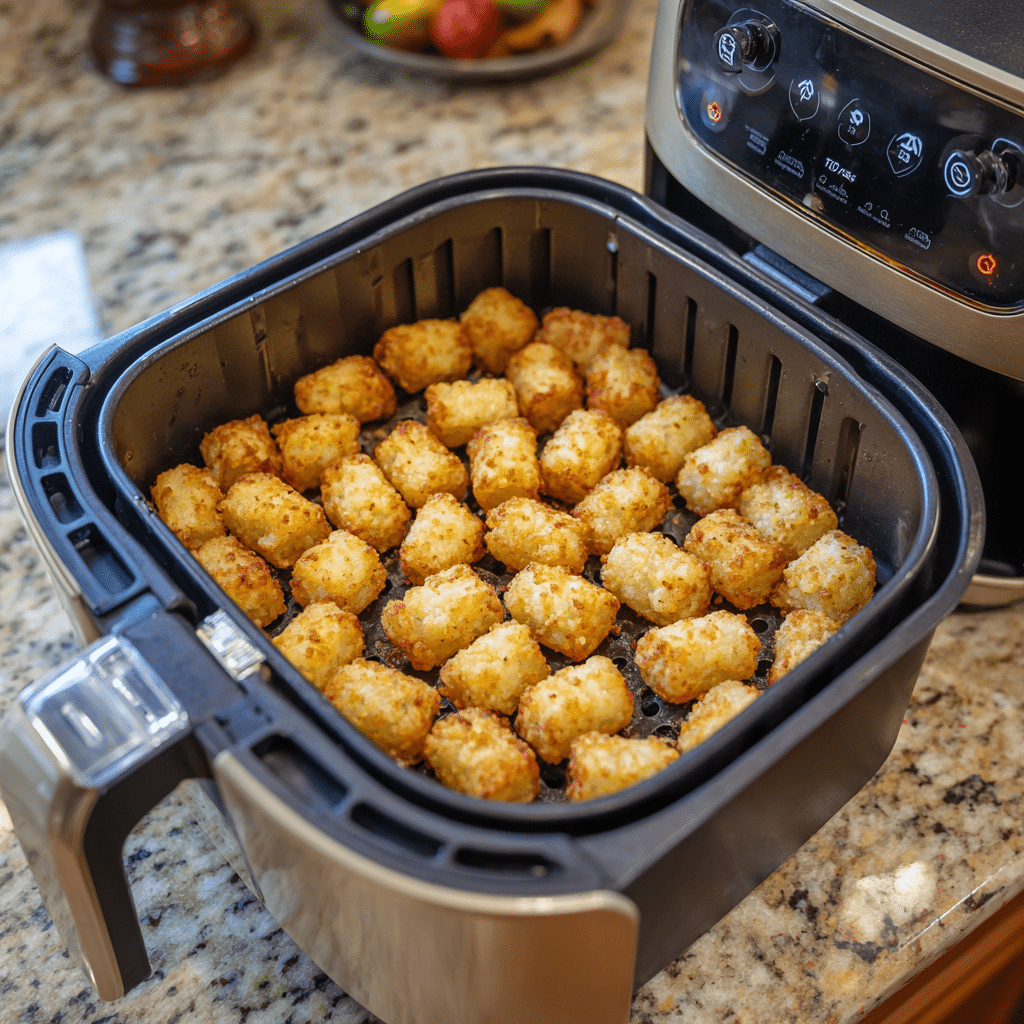 Flipping Ore Ida tater tots in air fryer at 400°F