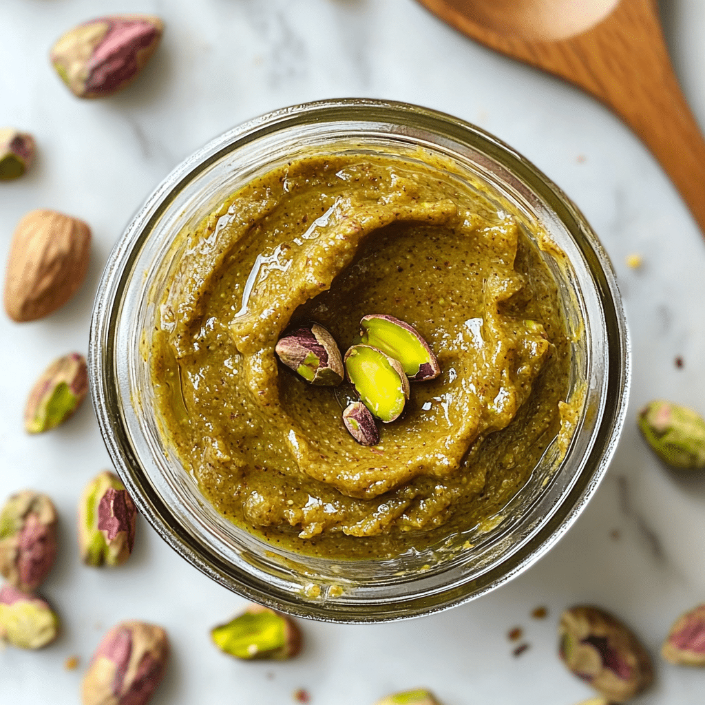 homemade pistachio butter in glass jar with roasted pistachios