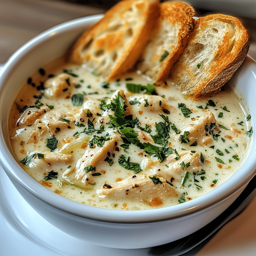 Served bowl of chicken Alfredo lasagna soup