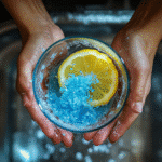 Blue salt trick recipe ingredients on wooden table