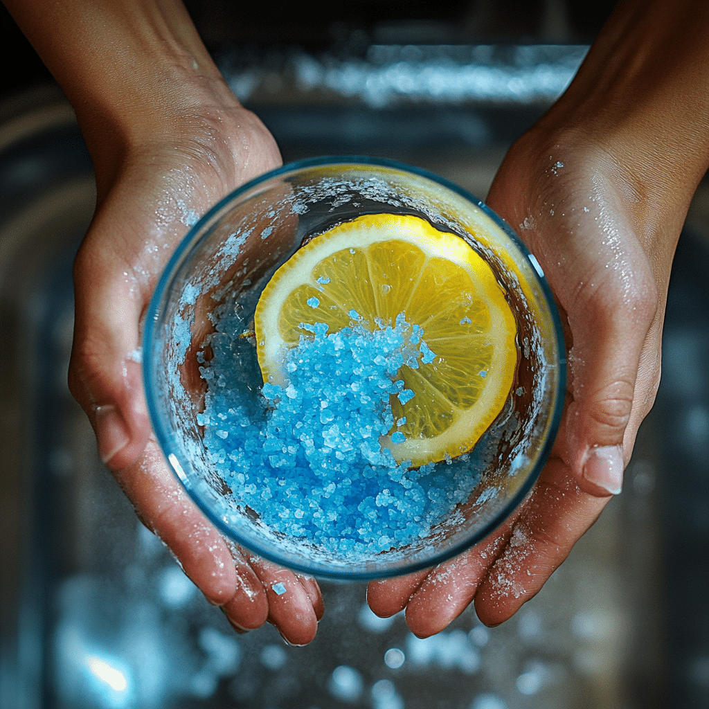 Blue salt trick recipe ingredients on wooden table