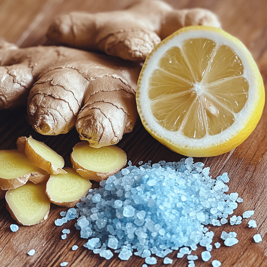 Blue salt trick recipe ingredients on wooden table