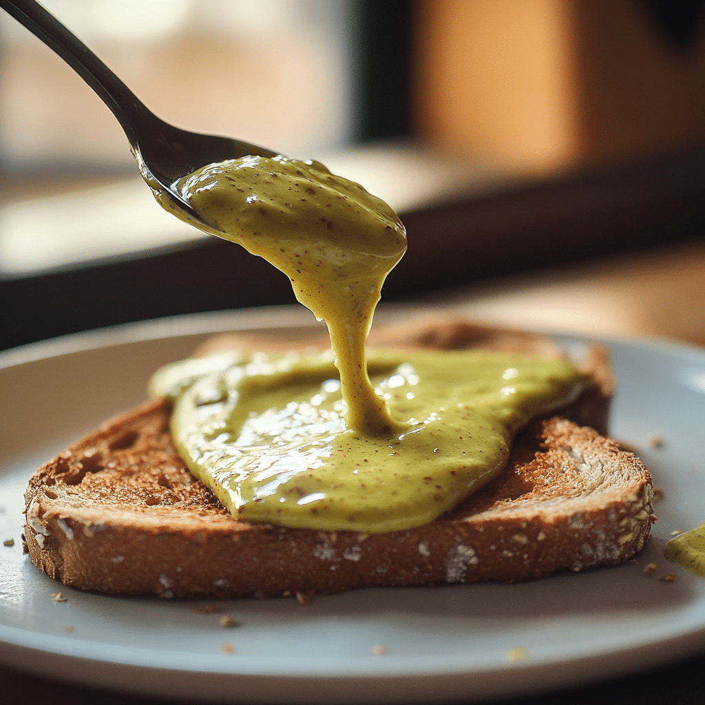 pistachio butter drizzle on toast showing smooth texture