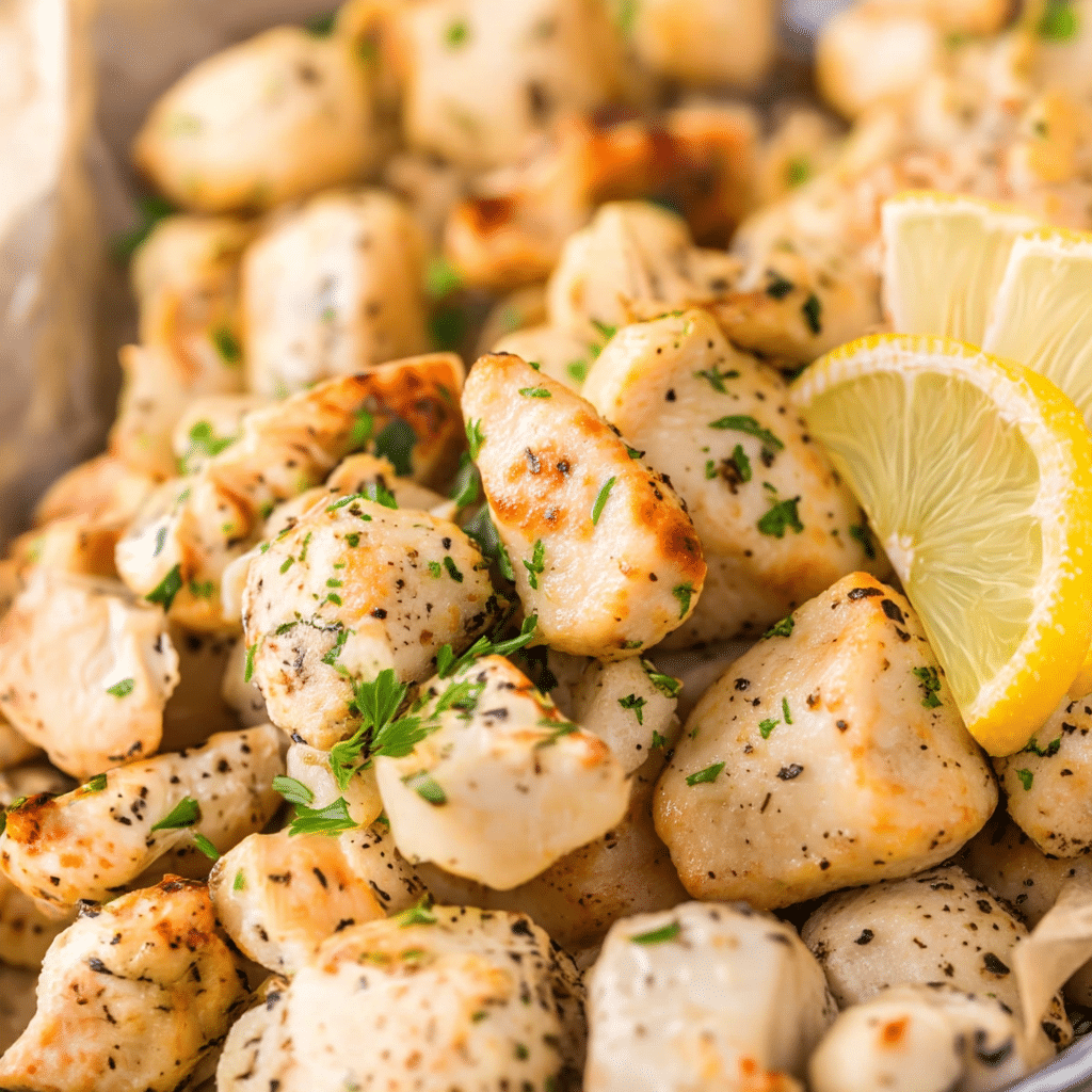 Plate of air fryer lemon chicken bites with salad and sauce