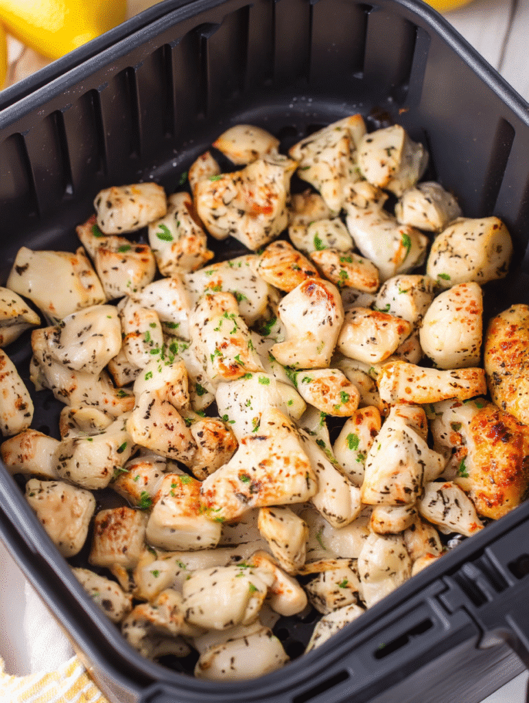 Chicken bites cooking in air fryer basket
